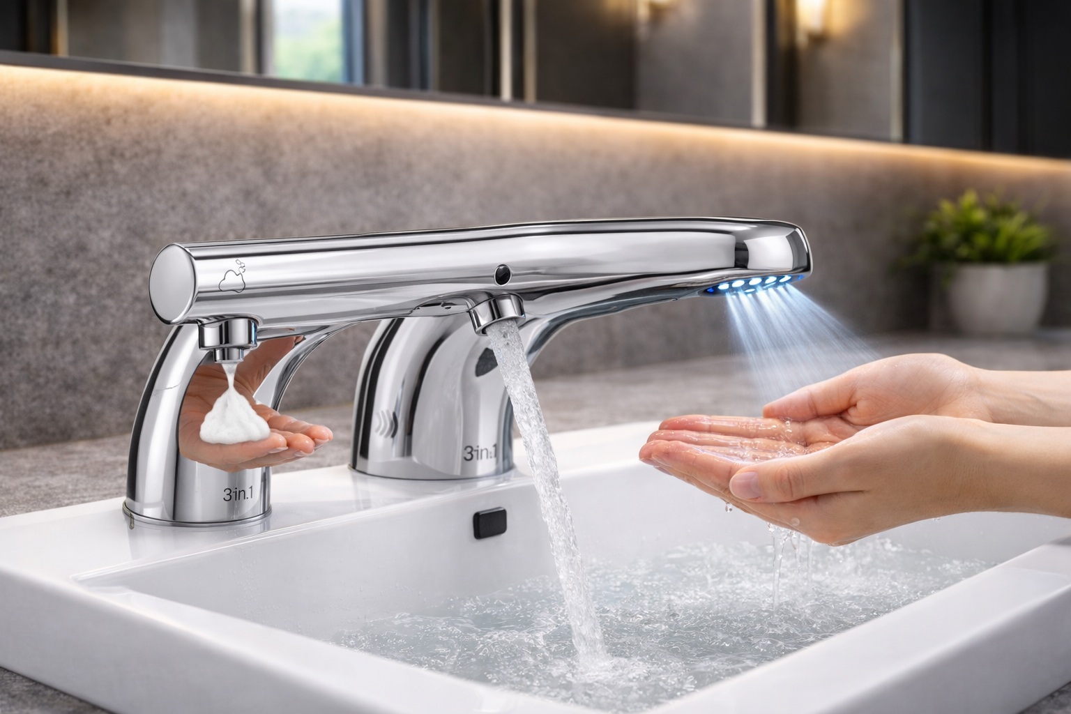3‑in‑1 Touchless Sensor Faucet with Soap & Dryer